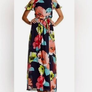Vince Camuto cold shoulder floral chiffon maxi dress.
